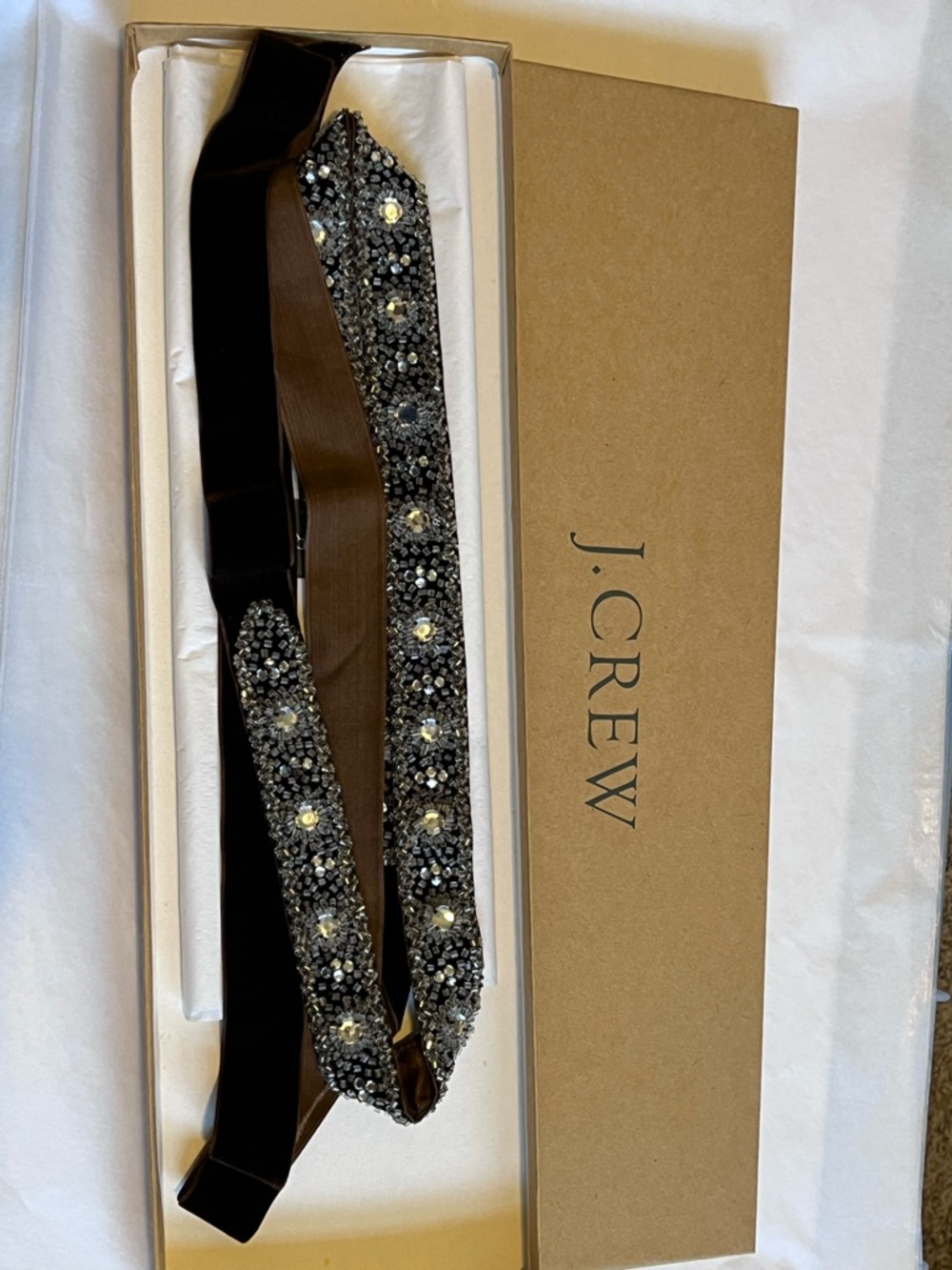 J. Crew Beaded Jeweled Sash Belt in Chocolate Brown Velvet with Clear Beads - Picture 7 of 8